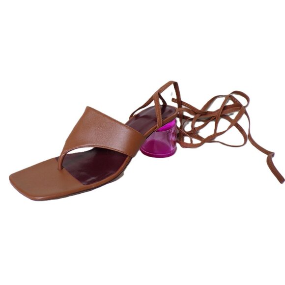 🆕STAUD Adora Lace Up Lucite Block Heel Sandal Shoes 7 Tan Pink - Picture 10 of 12